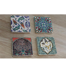 Çini Desenleri Doğal Taş Bardak Altlığı 4'lü set - Natural Stone Coasters