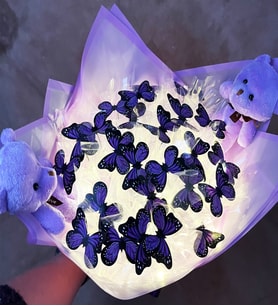 Ayıcıklı Mor Renkli Led Isıklı Kelebek Buket