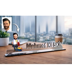 Kişiye Özel Elektirikci Karikatürlü 30 cm Ayna Pleksi Masaüstü İsimlik - Ofis Hediyesi
