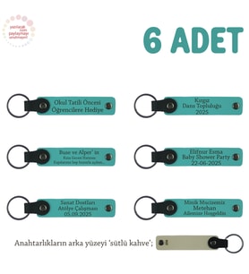 Evlilik Yıldönümü Hediyesi, İsme Özel, 6'lı Hatıra Deri Anahtarlık Set, Koyu Turkuaz & Sütlü Kahve