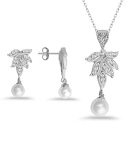 925 Ayar Gümüş İnci Sallantılı Yaprak Kolye Küpe Set