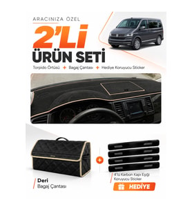 VOLKSWAGEN TRANSPORTER T6 KAPAKLI (2015-2020) Uyumlu Torpido Örtüsü + Deri Çanta Seti - Siyah Bej