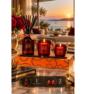 Haute Collection Amber Lüks Oda Kokusu ve 2’li Kokulu Mum Seti Çubuklu Oda Parfümü ve Dekoratif Mu