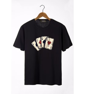 Erkek Siyah İskambil Kağıdı Baskılı Bisiklet Yaka Oversize T-Shirt 22Y-3400762-2
