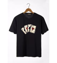 Erkek Siyah İskambil Kağıdı Baskılı Bisiklet Yaka Oversize T-Shirt 22Y-3400762-2