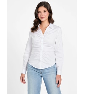 Guess Uzun Kollu Emily Büzgülü Poplin Kadın Beyaz Gömlek W6RH85W1LU1-G011