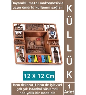 Dayanıklı Gündelik Ev İş Kullanım Dekoratif Hediyelik Şık İstanbul Süslemeli Metal Küllük 12 X 12 Cm