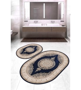 Dijital Baskılı Kaymaz Taban Yıkanabilir Oval 2'li Klozet Takımı Banyo Paspası NOKZ-HT-461 (Lacivert)