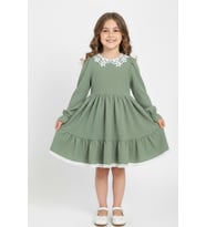 Kız Çocuk Elbise -Bürümcük Kumaş-Yaka ve Etek Uçları Nakış Detaylı 4-9 Yaş 12516 MODANINO (Çağla Yeşili)