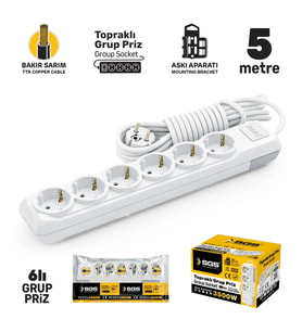 SGS3493 Grup Priz Topraklı Altılı 5 Metre, Uzatma Kablosu, Üçyol