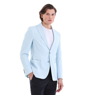 Hatemoğlu Mavi Slim Fit Düz Mono Yaka Klasik Keten Ceket