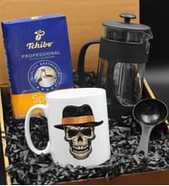 Özel Tasarımlı Şapkalı Kuru Kafa Kupa & French Press & 250 Gram Tchibo Proffesional Special Filtre Kahve Hediye Seti