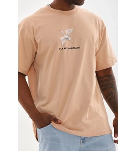 Erkek Baskılı T-Shirt Kısa Kol Bisiklet Yaka Rahat Kalıp Tişört - Bej