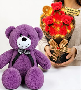Kişiye Özel Led Işıklı Peluş Ayıcık Buketi ve 50 cm Büyük Boy Mor Peluş Ayıcık Hediye Seti