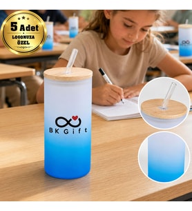 Logonuza Özel 5 Adet Pipetli Cam Matara 600 ml Ahşap Kapaklı Kurumsal Suluk
