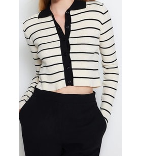 Kadın Modern Tarz Slim Polo Yaka Crop Triko Hırka (Siyah)