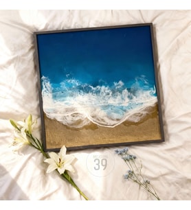 Tropical Ocean Epoksi Duvar Tablosu, Çerçeveli Okyanus Temalı El Yapımı Sanat Eseri, 40x40 cm (Okyanus Mavi)