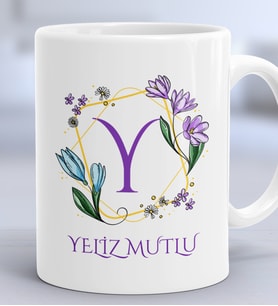 Kişiye Özel Çiçekli Y Harfli Hediye Kupa Bardak İsim Soyisim Yazılı (Beyaz)