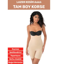 İz Göstermez Kaymaz Sıkılaştırıcı Toparlayıcı Vücut Şekillendirici LAZER KESİM Tam Boy Askılı Korse (Bej)