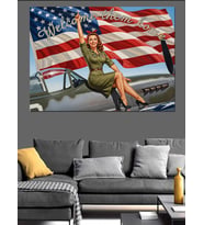 Amerikan Bayraklı Pin-Up Kız Dekoratif Kanvas - Mdf Ahşap Tablo
