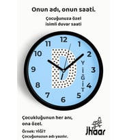 İsme Özel D Harfi Çocuk Odası Duvar Saati Orta Boy 30 cm Siyah Camlı Sessiz
