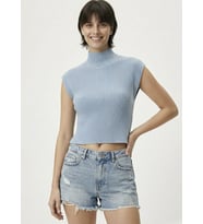 Kadın Yarım Balıkçı Yaka Fitilli Triko Kolsuz Crop Bluz