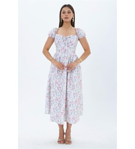 Neşeli butik kadın ekru çiçek desenli balon kol kare yaka midi elbise NBMY4108