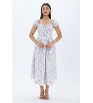 Neşeli butik kadın ekru çiçek desenli balon kol kare yaka midi elbise NBMY4108