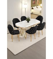 6'lı Mutfak Sandalyesi Salon Sandalyesi Gold Düğme Gold Konik Ayak Çift Papel Sandalye Baby Face