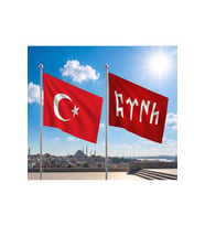 Göktürkçe Türk Yazılı Kırmızı Bayrağı ve Alpaka Kumaş Türk Bayrağı 2'li Set 70x105cm