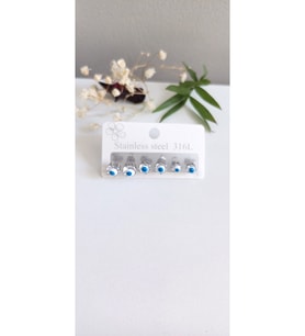 HALKA ÇELİK KÜPE 6'LI NAZAR BONCUKLU SİLVER 316 L 1. SINIF KOMPLE  ÇELİK KIKIRDAK KULAK DELME KÜPESİ