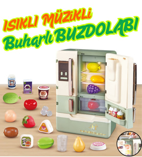 Gerçekçi Buzdolabı Sesli Işıklı ve Müzikli Buhar Çıkaran 28 Parça Aksesuarlı Pilli Buharlı Oyuncak Buzdolabı 24 cm (Yeşil)