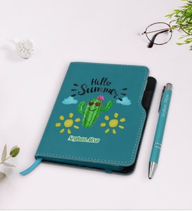 BK Gift Kişiye Özel Kaktüs Tasarımlı Turkuaz Termo Deri Defter Kalem Seti-8