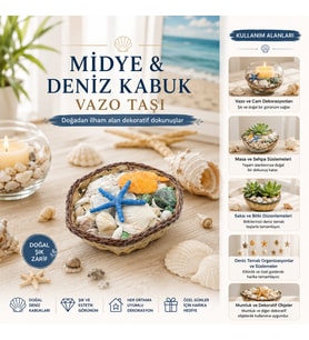 Küçük - Kare - Ahşap Sepetli Renkli Mix Midye - Deniz Kabuk Vazo Taşı
