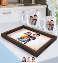 BK Gift Kişiye Özel Aile Karikatürlü Doğal Ahşap Tepsi ve 2’li Kupa Bardak Seti-1