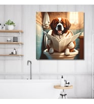 Tekli Kare Kanvas Banyo Tablosu Gazete Okuyan Saint Bernard