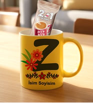 Kişiye Özel İsimli ve Baş Harfli Sarı Kupa Bardak Ve Hediye Nescafe