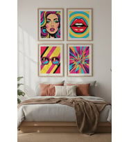 Pop Art Renkli Figürler Dekoratif 4’lü Ahşap Çerçeveli Tablo Seti - Yatak Odası Dekor