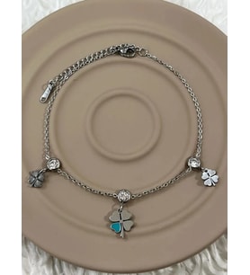 Premium Parlak Gümüş Renk Şans Yoncalı Taşlı 316L Çelik Kadın Halhal (25cm)