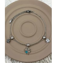 Premium Parlak Gümüş Renk Şans Yoncalı Taşlı 316L Çelik Kadın Halhal (25cm)