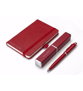 Kişiye Özel Deri Lastikli Defter ve Kutulu Kalem Seti - Kırmızı