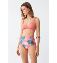 Kadın Somon Pedli Üst ve Tropik Desenli Yüksek Bel Bikini Takımı