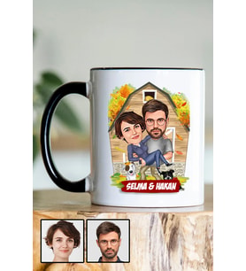 Sevgiliye Özel Hediye Ev Temalı Karikatürlü Siyah Kupa Bardak
