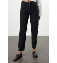 Stil Kadın Moda Denim Kot Pantolon Uzun Boru Paça Taşlı Yüksek Bel Mom Jeans (Siyah)
