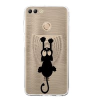Huawei Y9 2018  Kamera korumalı Kapak Çizgi Kedi (Siyah) Tasarımlı Şeffaf Kılıf