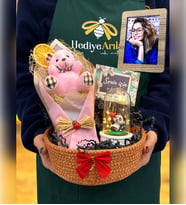 Size Özel Fotoğraflı Hediye Sepeti  Pembe Ayıcıklı Buket, Işıklı Mutlu Pandalı Fanus