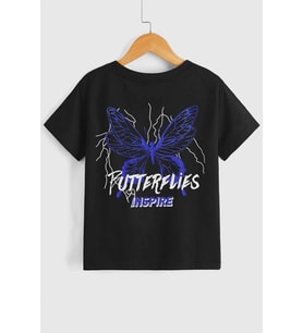 Çocuk Butterfly & Letter Graphic Pamuklu Tshirt (Siyah)