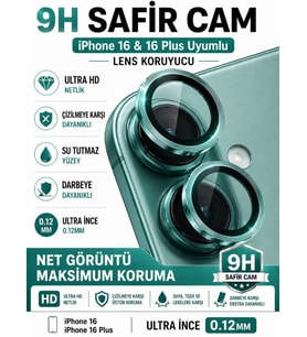 iPhone 16 / 16 Plus Deniz Yeşili Metal Kamera Lens Koruyucu Safir Cam Ultra Net HD