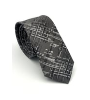 Siyah Beyaz Kırcıl Desenli Gri Dokuma Kumaş Mendilli Slim Fit Kravat // SDK-2611-3