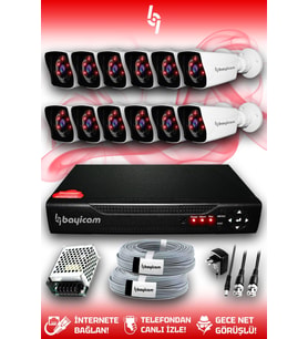 BAYICAM 12 Kameralı Kare 12 Dış Kamera Set HDD'siz Full HD Gece Görüşlü Güvenlik Kamerası Sistemi